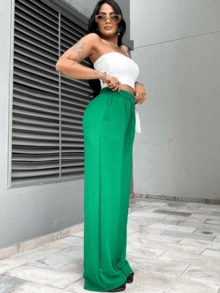 Calça Feminina Pantalona Duna Wide Leg Cintura Elástica e Bolso - Verde - Visão 4