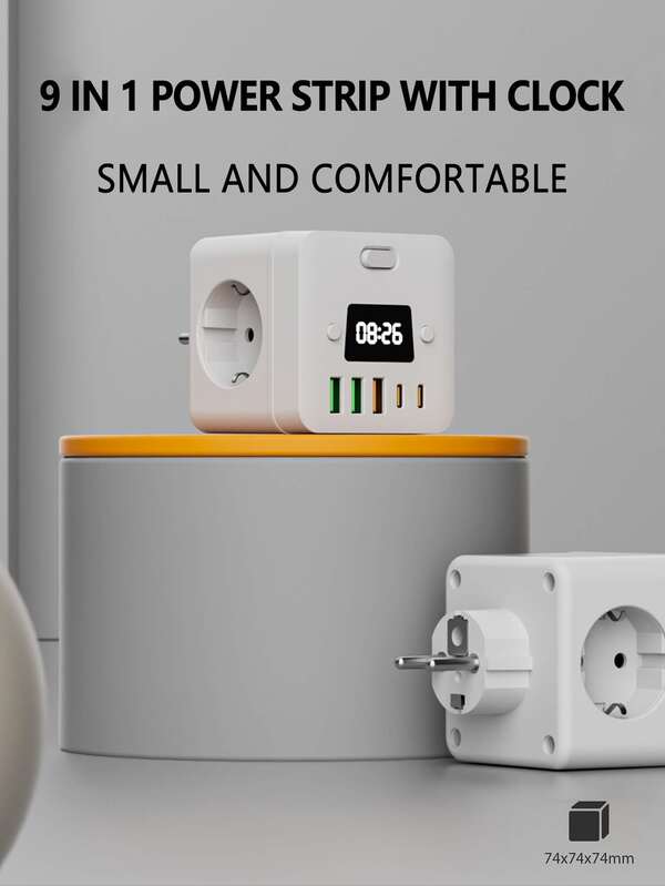 1pc 9-In-1 Multifunctional Wall-Mounted Power Strip/Outlet Panel, EU Plug, Essential For Travel! Includes 3 AC Sockets + 3 USB-A + 1 Type-C Port, 18W PD/QC Fast Charging. Integrated Clock Display, Independent Switch Control, Built-In Lightning & Surge Protection, Overload Protection. Space-Saving Wall-Mounted Design, Suitable For Home, Office, Hotel, Gaming Room, Providing & Efficient Charging For Phones, Laptops.