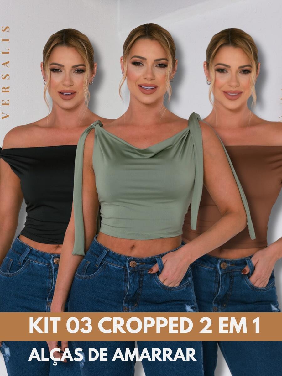 KIT 03 Cropped Feminino 2 Em 1 Amarração Ajustavel e Decote Ombro A Ombro - Preto/Verde/Chocolate - Visão 1