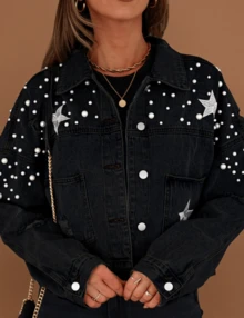 Womens Cropped Pearls Beading Jean Jacket Ripped Star Embroidered Denim Jacket Coat - Black - View 3