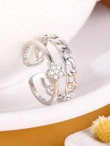 1 pieza Anillo abierto de pentágono con circonita dorado y plateado elegante y de moda para mujer, perfecto para uso diario, estilo callejero y fiestas. - Multicolor - Ver 5