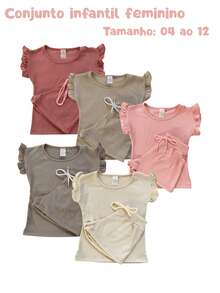 Kit com 3 Conjuntos Femininos Canelados – Blusa com Babadinhos + Short Cós Traseiro - Multicolorido - Visão 1