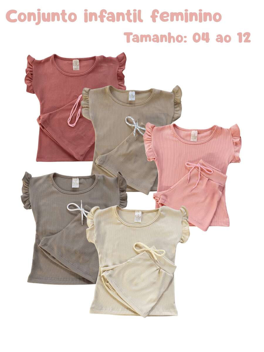 Kit com 3 Conjuntos Femininos Canelados – Blusa com Babadinhos + Short Cós Traseiro - Multicolorido - Visão 1