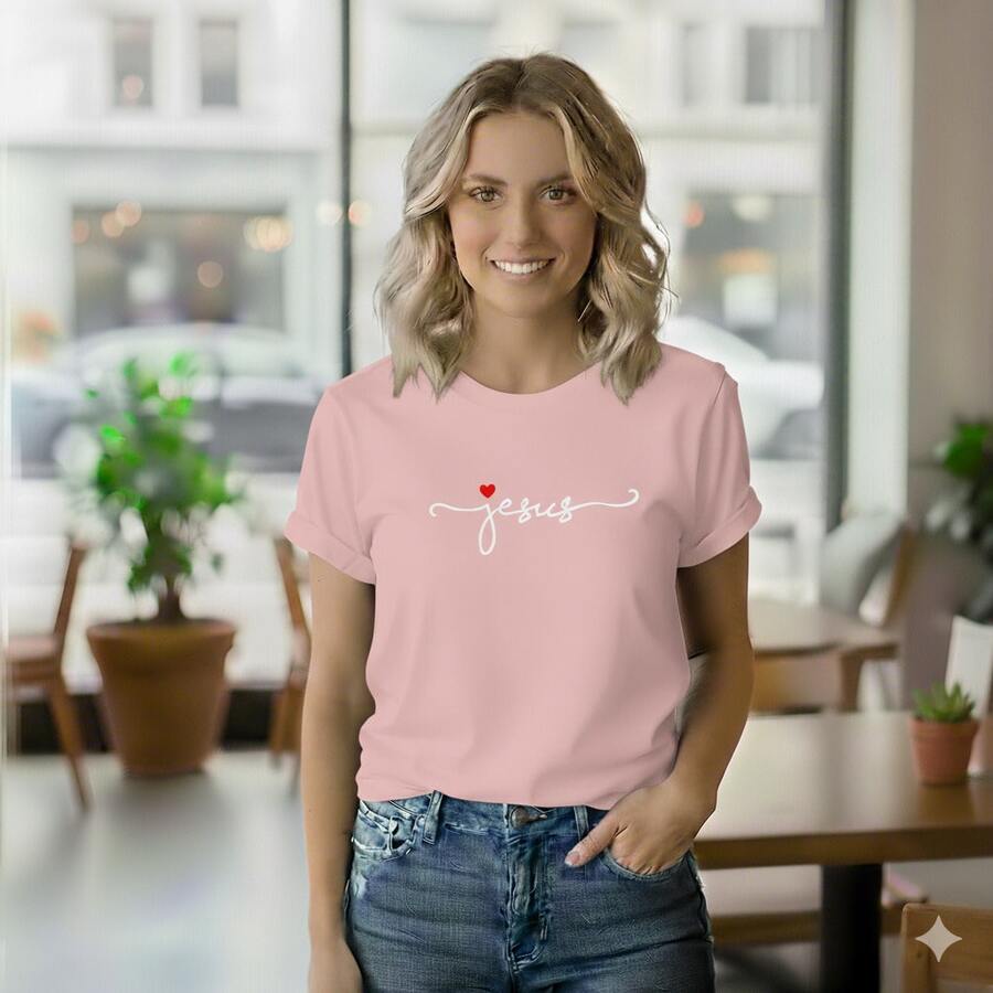 Women's T-Shirt 100% Cotton Jesus Heart I Love Quality Fashion - Màu Hồng baby - Xem 1