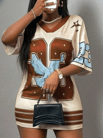 夏季美式复古街头连衣裙 V领拼接数字印花连衣裙 女士派对宽松舒适迷你连衣裙