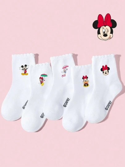 Disney 5 Pairs Kids Classic White Mid-Calf/Ankle Socks, Cute Cartoon /Umbrella Mouse/Daisy Patterns Decor, Casual Soft Breathable Moisture-Wicking Sports Socks, Fashionable Elastic Comfortable Lace Trim Socks, Suitable For School, Home, Birthday Gift, Parent-Child Activities, Spring/Summer