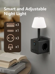 1pc 10-In-1 Smart Outlet With Digital Display, Type-C/USB Fast Charging, Dimmable LED Nightlight, 3 USB-A + 1 Type-C Multi-Device Fast Charging Station, Independent Switch, Overload Protection, Ideal For Home, Office, Travel, Gaming Desk Organization