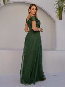 Olive Green Off-The-Shoulder Long Dress With Slit And Glitter - Olive Green - View 5