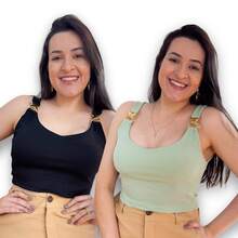 Kit 2 Blusa Cropped Feminina Canelado Alca Com Forro Fivela Dourada Argola Elegante Casual Verao - Preto/Verde - Visão 1