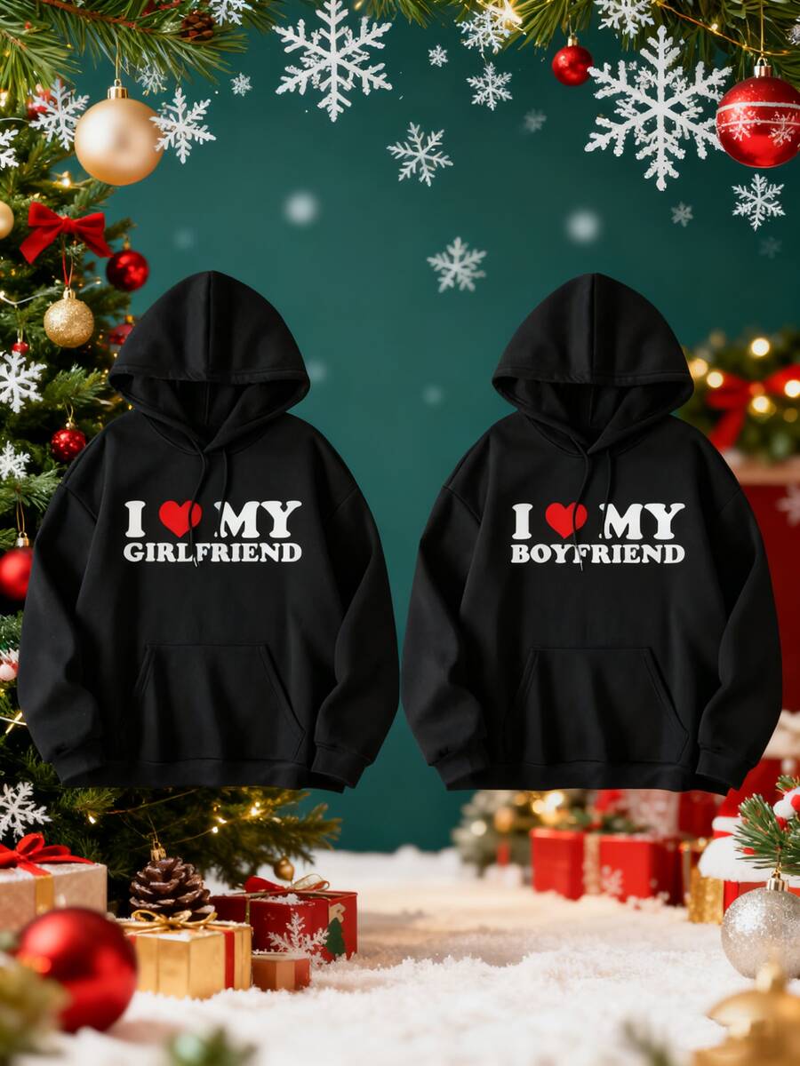 1PC Couples' Outfits - Valentine's Day ClothingMerry Christmas I LOVE MY GIRLFRIEND MY BOYFRIEND Design Graphic Hoodie Y2K Couples' Hoodies For Men & Women - Winter Fleece Warm Casual Sweatshirts, Perfect Gift For Her On Valentine's Day, Christmas & New Year - 男款-黑色 - 查看 1