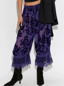 Giufajk Womens Sheer Burgundy Pants Floral Velvet Pattern Lace Trim Hems Low Rise Bell Bottom Pants For Women Comfortable Stylish Summer Flared Pants For Women Casual Loose Fit - 紫色 - 查看 6