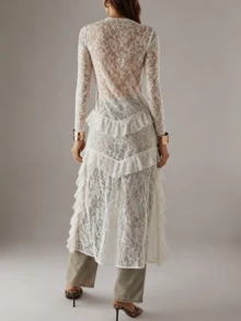 Women Lace Mesh Flowy Maxi Top Tie Front Kimono Cardigan Sheer Long Sleeve Ruffled Duster Layering Shirt Cover Up - 白色 - 查看 4