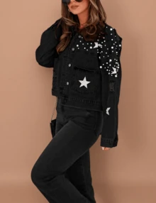 Womens Cropped Pearls Beading Jean Jacket Ripped Star Embroidered Denim Jacket Coat - Black - View 4