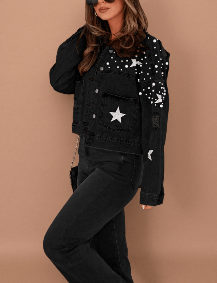 Womens Cropped Pearls Beading Jean Jacket Ripped Star Embroidered Denim Jacket Coat - 黑色 - 查看 4