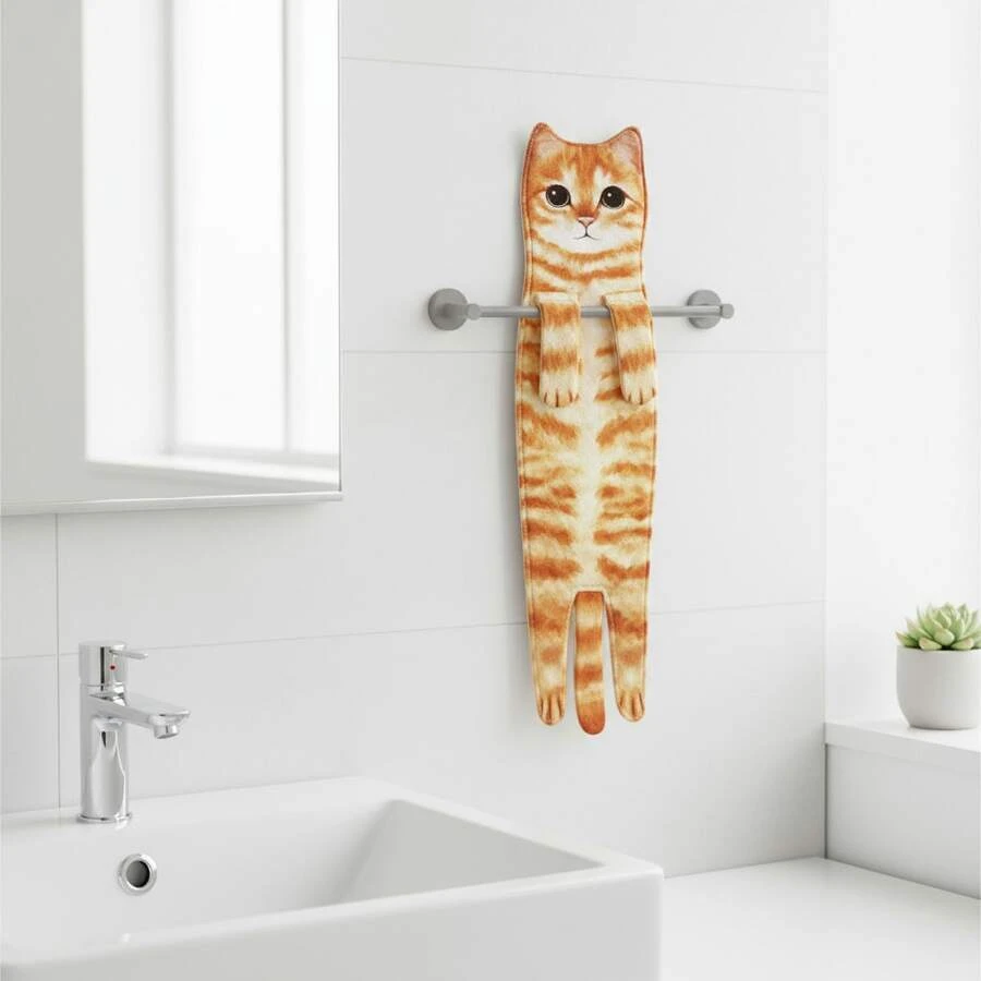Fun Cat Hanging Towel & Face Towel - Super Absorbent Soft Orange| Gift For Cat Lovers (Housewarming, Birthday, Christmas) - A-Cam - Xem 1