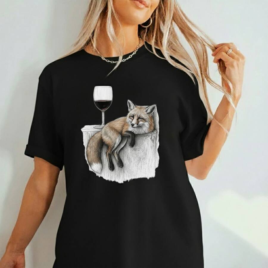 Camiseta Feminina Raposa & Vinho Blusa feminina em promoção Blusinha Feminina Arte Sketch Animal Relax Premium Casual Estilosa Blusinha feminina estilosa Blusinha Femenina  Descrição Nenhum    Praia - Preto - Visão 1