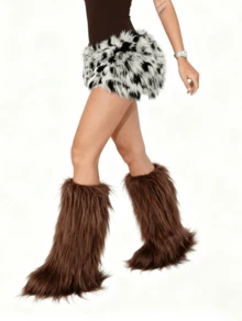Winter Knee High Boots For Women Pull-On Faux Fur Boots Furry Fluffy Round Toe Fashion Boots Suede Comfy Plush Warm Knee High Boots Outdoor Indoor Flat Shoes Party Dressy Women Winter Boots - 棕色-B - 查看 6