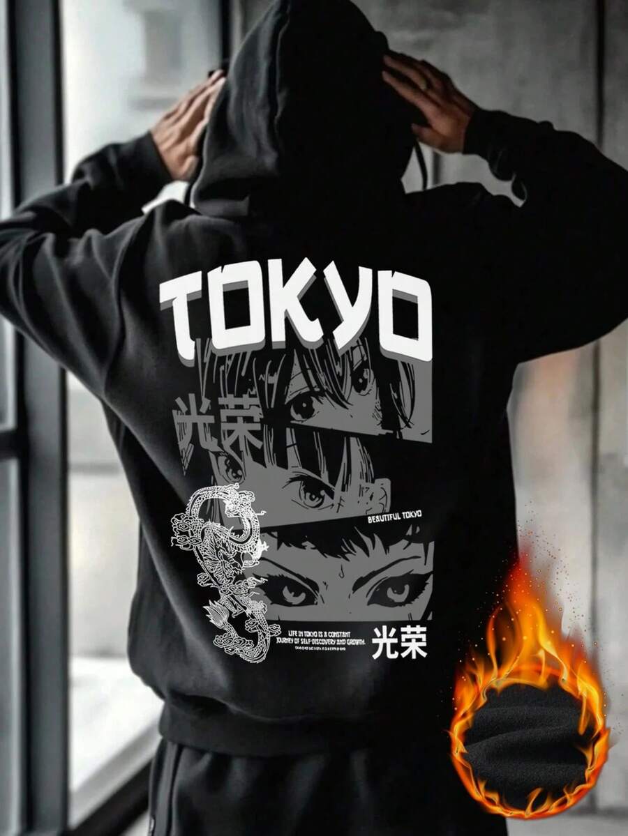 Men's Autumn/Winter Basic Tokyo Anime Theme Print Black Hoodie | Streetwear Fashion Item - Negro - Ver 1