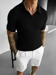 Men's Summer Ribbed Polo Knit Short Sleeve Shirt - Black - View 2