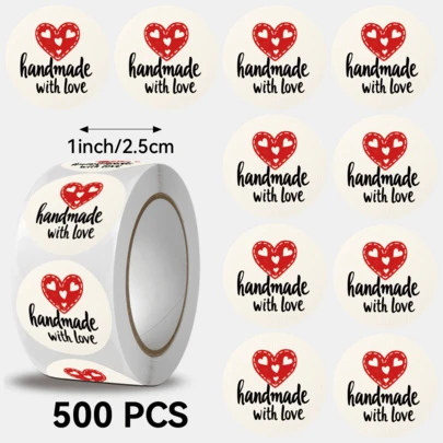 500张/卷 什锦心形手工贴纸，尺寸：2.5厘米/1.0英寸。手工装饰贴纸。非常适合情人节手工礼物装饰。圆形，可用于书籍装饰、封口标签、礼物装饰以及其他您喜欢的产品装饰。