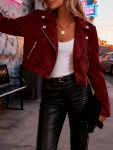 Women's Burgundy Suede Cropped Moto Jacket Long Sleeve Streetwear Coat - 酒紅色 - 查看 2