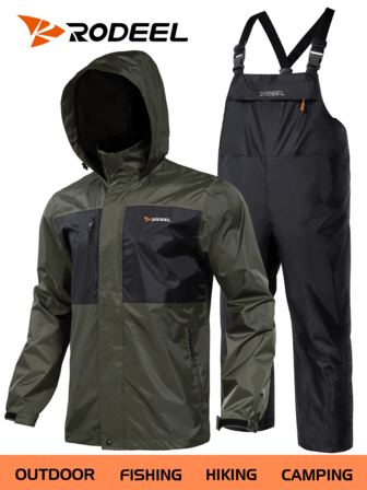 RODEEL Men's Waterproof Fishing Rain Suit Windproof Breathable Quick-Drying Multi-Pocket Design With Hook-And-Loop Sleeves Adjustable Overalls Perfect For Outdoor Enthusiasts