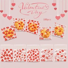 100个情人节红色爱心图案礼品包装袋，爱心和红唇设计透明自粘袋，5合1混合款，充满爱意和浪漫氛围，适用于情人节、婚礼、生日、周年纪念日和其他派对礼品。 - 彩色 - 查看 6