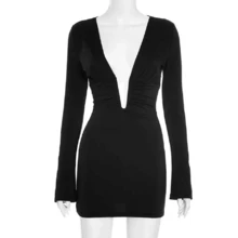 Women Fall Deep V Neck Mini Dress Y2K Long Sleeve Ruched Bodycon Short Dresses Sex Going Out Cocktail Party Dress - 黑色 - 查看 8