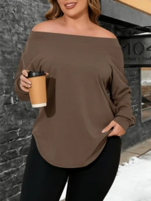 Gym Clothes Women- Plus Size Casual Tunic Off Shoulder Design Long Sleeve Comfort Long Sleeve Tops - cà phê - Xem 5