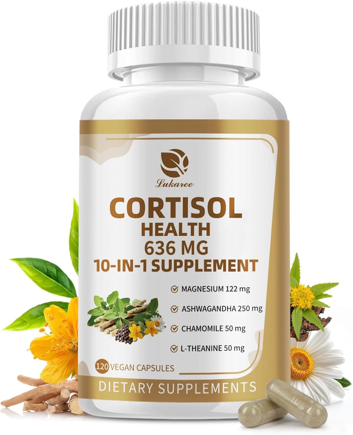 MULITTEA 10-In-1 Cortisol Support Supplements With Magnesium, Ashwagandha & Chamomile – L-Theanine, Phosphatidylserine, Astragalus, Vitamin C/D3 For Women & Men, 120 Vegan Capsules (2 Month Supply), Non-GMO - 120 Count (Pack of 1) - 查看 1