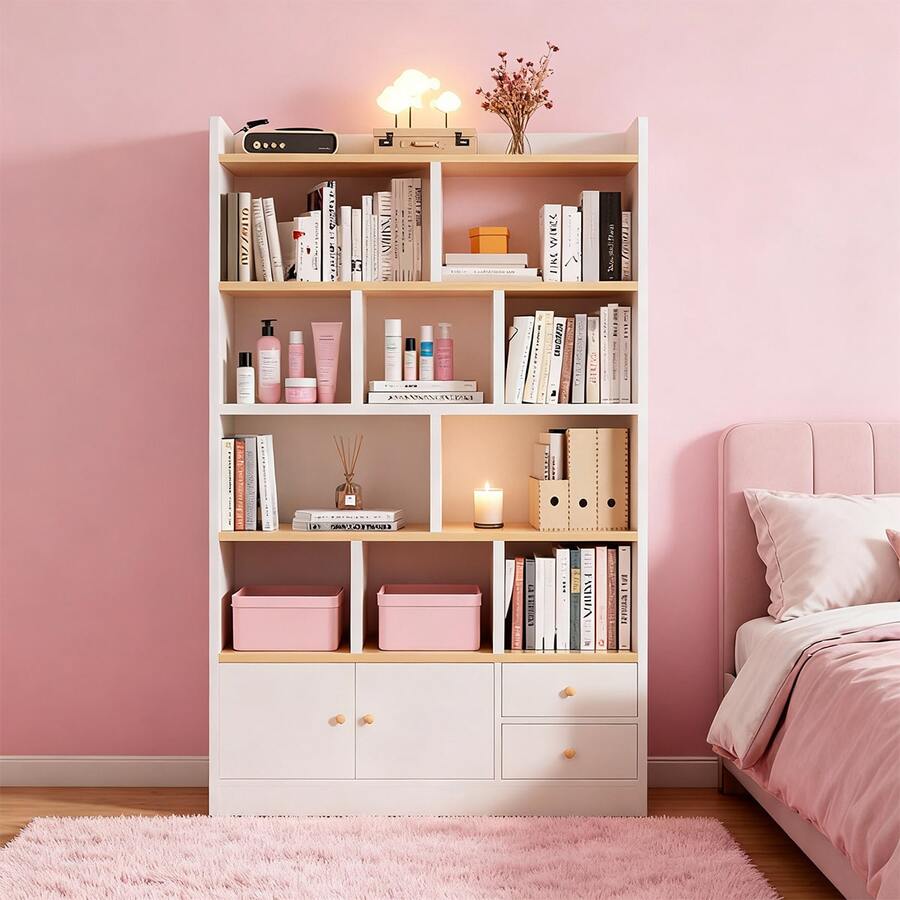 Libreros De Madera Modernos 5 Niveles Con 2 Cajons,  Organizador De Almacenamiento De Estantería, para sala de estar, estudio y oficina - Blanco - Ver 1