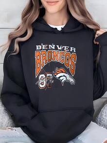 Women 90s  Denver 'broncos' Crewneck Sweasweatshirt Print Logo Blue, Orange Color Men's M Hoodie - 黑色 - 查看 2