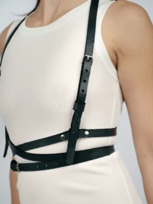 Fashion Black Faux Leather Harness Waist Body Belt Punk Chest Belt With Chains Outfit Accessoreis - Black - View 7