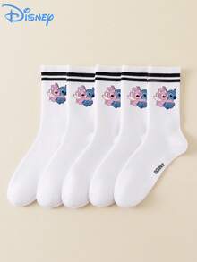 5/1 Pair Stitch Cartoon Pattern Mid-Calf Socks, Sporty Stripe Design, Made Of Polyester Fiber, Cute Cartoon Pattern, Fashionable, Casual And Breathable, Suitable For Everyday Wear, Back-To-School Season And Holiday Gifts. - Multicolor - View 1