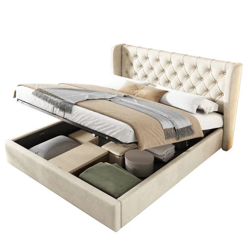 Upholstered, Wingback-Shaped Velvet Bed With Large Buttoned Seams, Double Bed 140 X 200 Cm, Functional Hydraulic Bed With Slatted Base And Storage Space, Underside Of The Bed Covered In A Black, Stain-Resistant Non-Woven Fabric, Grey - Beige - View 1