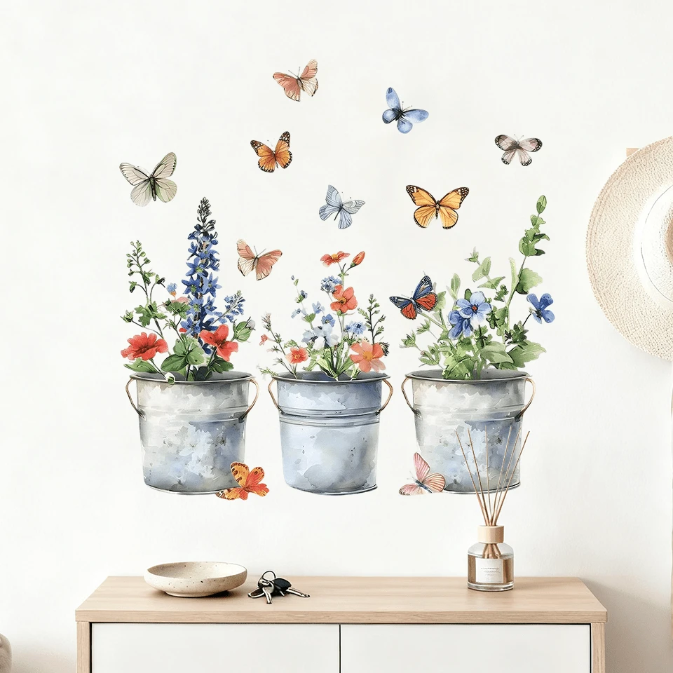 1pc Countryside Style Floral & Butterfly Wall Sticker, PVC Waterproof Self-Adhesive, Frosted Glass Window Decal, Butterfly Wall Art, Floral Window Sticker, Watercolor Style Decal, Hand-Painted Window Sticker, Home Decor, Window Decoration, Kitchen Sticker, Fridge Magnet, Plant Theme, Suitable For Various Smooth Surfaces