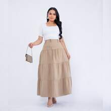 Mavie Long Layered A-Line Twill Skirt With Buttons - 米色 - 查看 8
