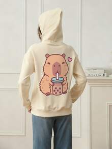 1pc Tween Girls Casual Printed Pullover Hoodie Sweatshirt, Fleece Lined, Long Sleeve, Autumn/Winter Student Youth Clothing