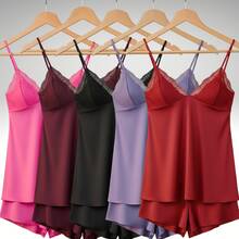 Set Of 2 Women's Microfiber Baby Doll Pajamas With Lace - Sexy And Comfortable - 黑紅 - 查看 2