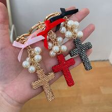 Women's Luxury Bow Keychain, Decorated With Rhinestones, Pearls And Cross Pendant, Ceramic Material, Exquisite Gift Accessory For Wallets, Handbags, Car Keys, Etc. - Multicolor - View 3
