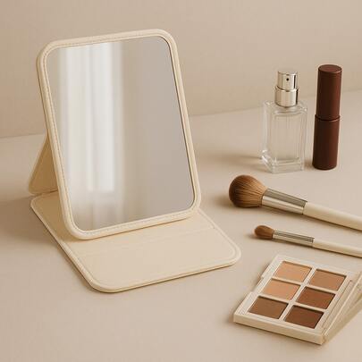 Espelho de Maquiagem Portátil de Bolso Multiuso com Couro PU Dobrável
