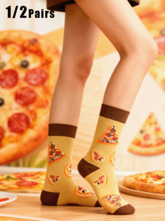 女士披萨图案中筒袜（半双装），时尚透气，舒适百搭，适合所有季节，尤其适合秋冬季节。