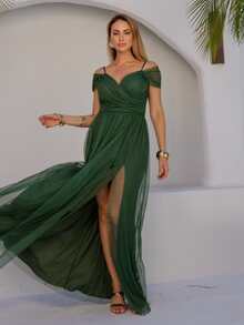 Olive Green Off-The-Shoulder Long Dress With Slit And Glitter - Olive Green - View 6
