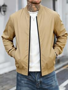 Graphic Print Men's Sporty Jacket Crewneck Pullover, Stylish Athletic Activewear Top For Casual Outings & Workout Sessions, Unique Patterned Lightweight Outerwear For Men - 卡其色 - 查看 2