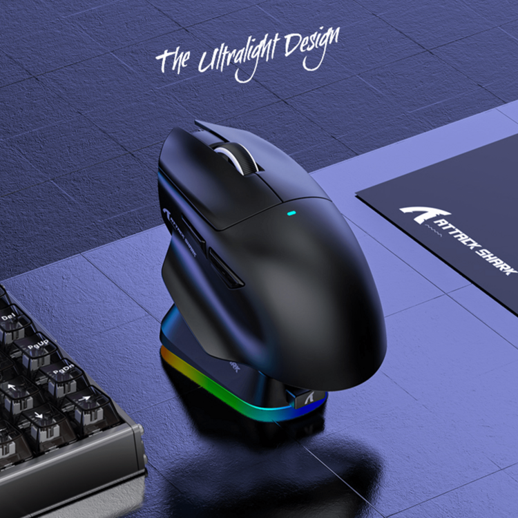 Attack Shark V6 无线游戏鼠标，3 种模式，博通 BK52820 芯片，PixArt PAW3311 传感器，25K DPI 精准度，65g 超轻设计，附赠 RGB 磁吸充电底座 - 黑色 - 查看 1