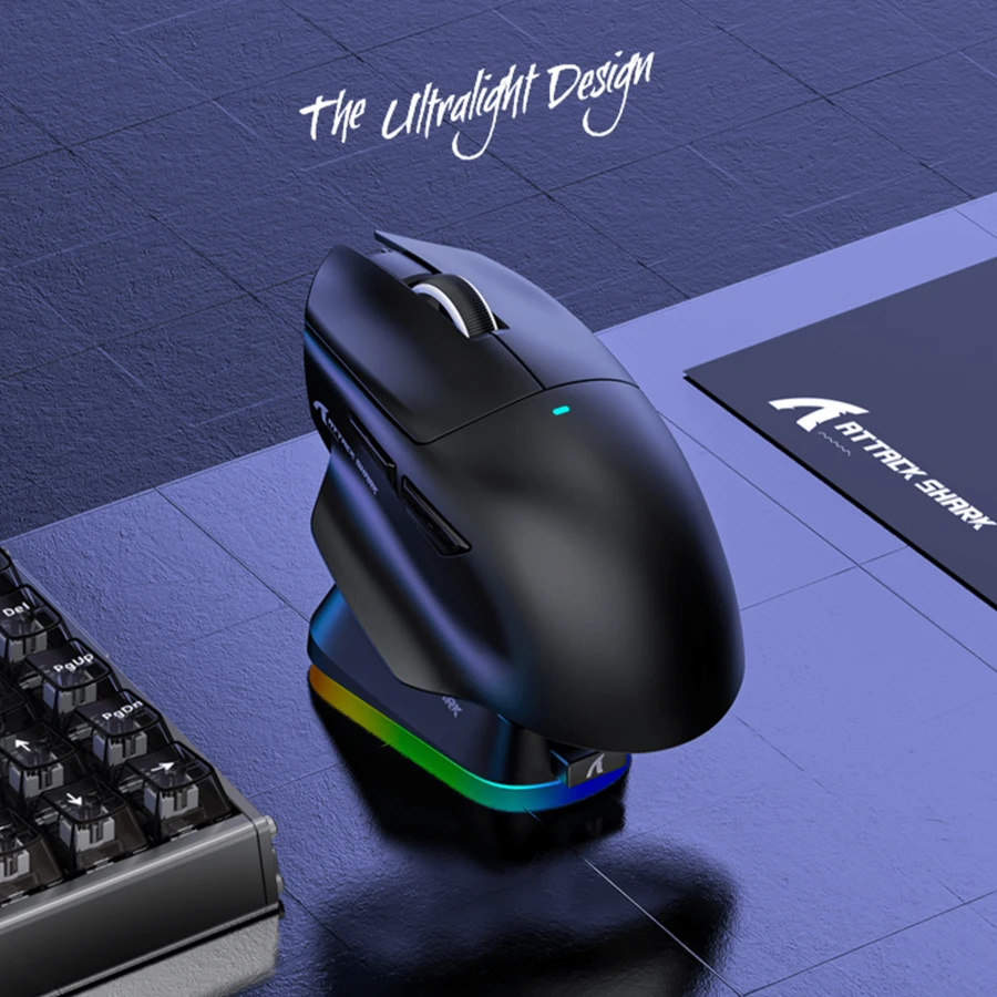 Attack Shark V6 无线游戏鼠标，3 种模式，博通 BK52820 芯片，PixArt PAW3311 传感器，25K DPI 精准度，65g 超轻设计，附赠 RGB 磁吸充电底座 - 黑色 - 查看 1