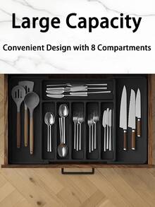 (2-7 Daysmust Arrive)1Pc Expandable Adjustable Kitchen Drawer Organizer - Space-Saving Utensil And Silverware Holder, Utensil Tray Kitchen, In-Cabinet Utensil Caddy, Cutlery Holder, Adjustable Plastic Storage Spoons Forks Knives, Flatware And Cutlery Holder For Knives, Forks, Spoons, Chopsticks, Cooking Utensils Storage, Knife & Fork Drawer Divider, Storage Container, Utensil Holder, Kitchen Utensils, Dish Drying Rack, Organziers Storage, Home Decoration, Kitchen Deccor, Home Gifts, Room Decoration 13" - 22"W, 14.8"L, Black Christmas Gifts Valentine's Day Halloween/Christmas Gifts, Back-To-School Season, Kitchen Items, Kitchen Gadgets, Kitchen Storage, House Essentials, Cocina Accesorios - 彩色 - 查看 4