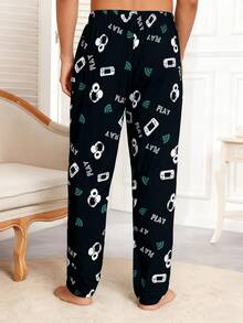 柔软轻盈的男士游戏主题舒适睡裤 - 涤纶混纺家居裤，弹性腰带，黑色底色，饰以彩色游戏手柄印花，可作休闲服或睡衣穿着，家居服 | 趣味印花 | 面料触感顺滑，冬季 - 黑色 - 查看 3