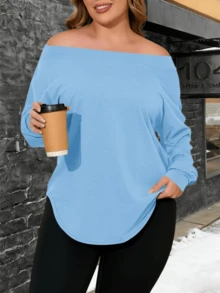 Ropa de gimnasio para mujer - Túnica casual de talla grande con diseño de hombros descubiertos, manga larga, cómoda y de manga larga - Azul - Ver 5