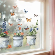 1pc Countryside Style Floral & Butterfly Wall Sticker, PVC Waterproof Self-Adhesive, Frosted Glass Window Decal, Butterfly Wall Art, Floral Window Sticker, Watercolor Style Decal, Hand-Painted Window Sticker, Home Decor, Window Decoration, Kitchen Sticker, Fridge Magnet, Plant Theme, Suitable For Various Smooth Surfaces